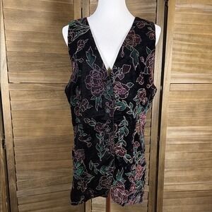 Norton McNaughton Vintage Floral Velvet Vest Black Burgundy Rose Sz 14 USA Made